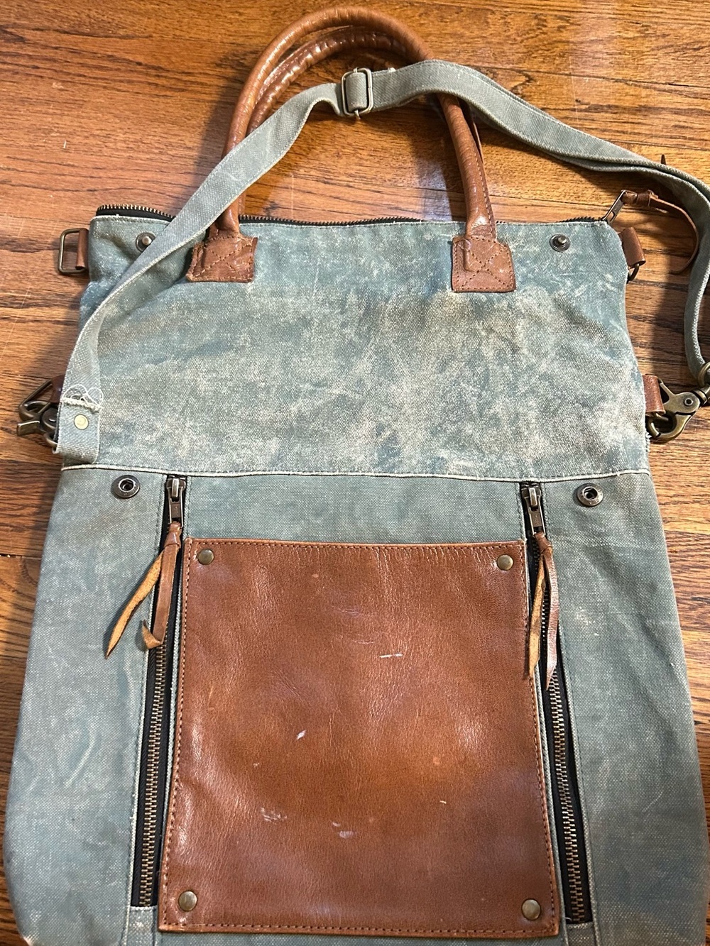 Mona B Green Canvas Tote with Brown Leather Accents